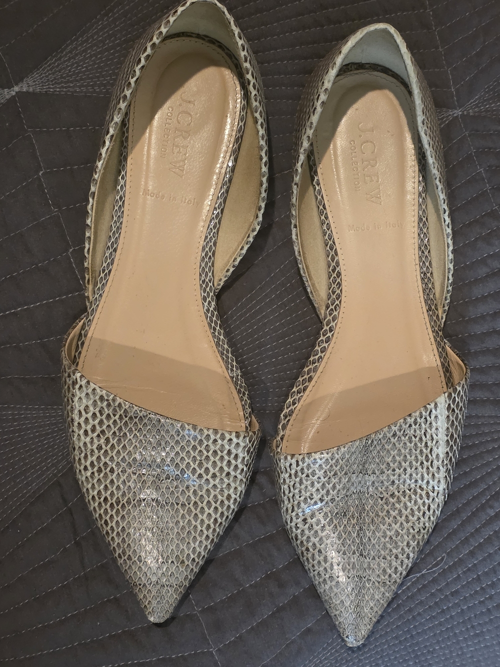 J. Crew Pointed D'Orsay Flats in Gray Snake Print